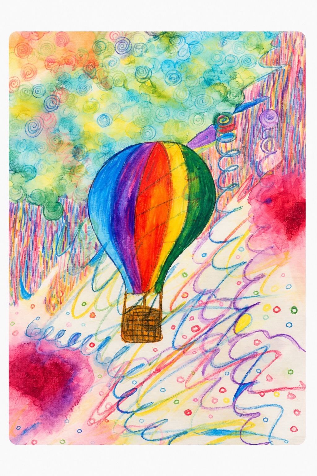 Handgemalter regenbogenfarbener Heißluftballon mit Korb vor einem bunten Hintergrund aus Spiralen und Linien.
