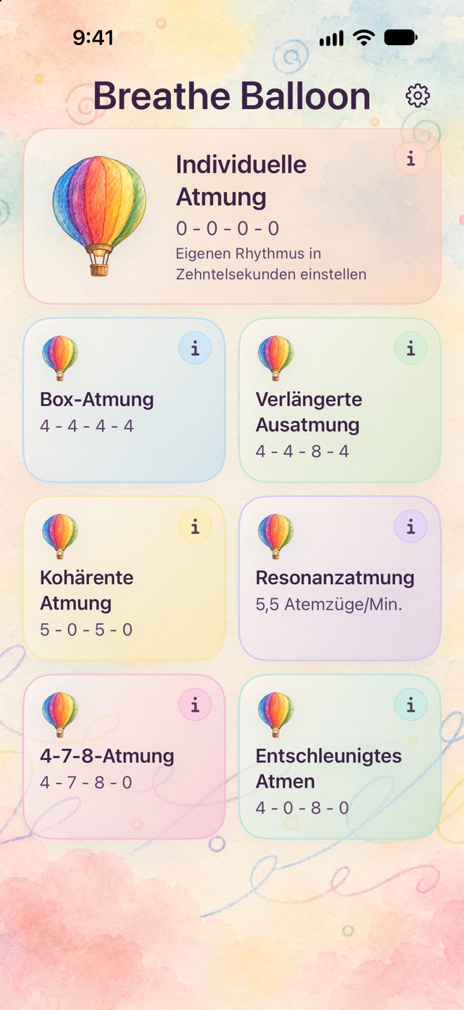 Deutsche Übungsauswahl auf dem iPhone mit sieben Atemübungen im Design Dream