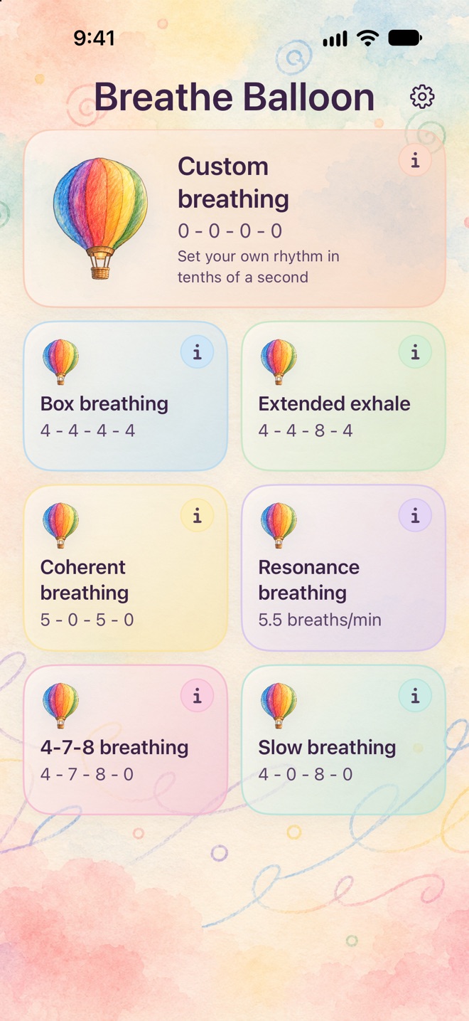 English exercise selection on iPhone with seven breathing exercises in the Dream design