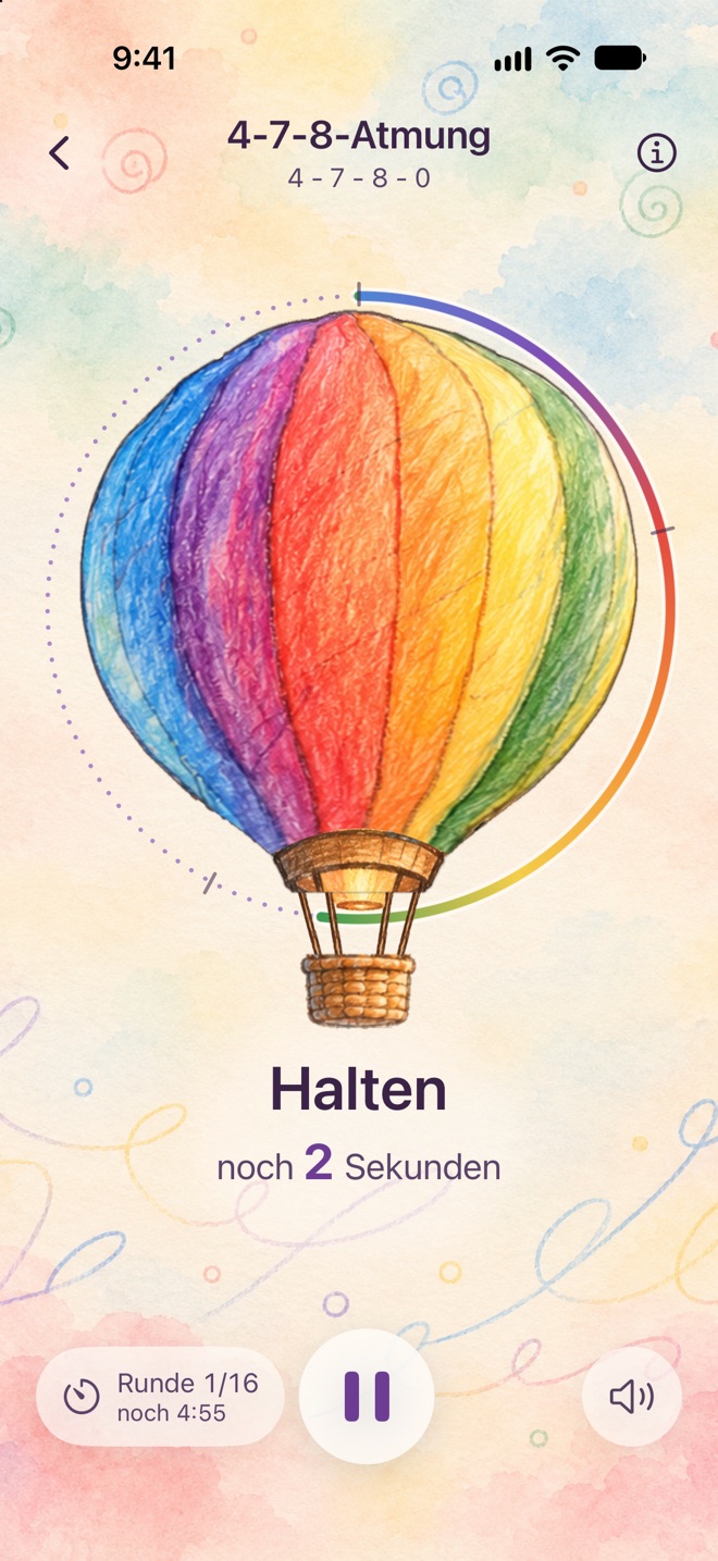 Laufende 4–7–8-Atmung auf dem iPhone im Design Dream: voller Ballon in der Phase Halten, deutsche Oberfläche